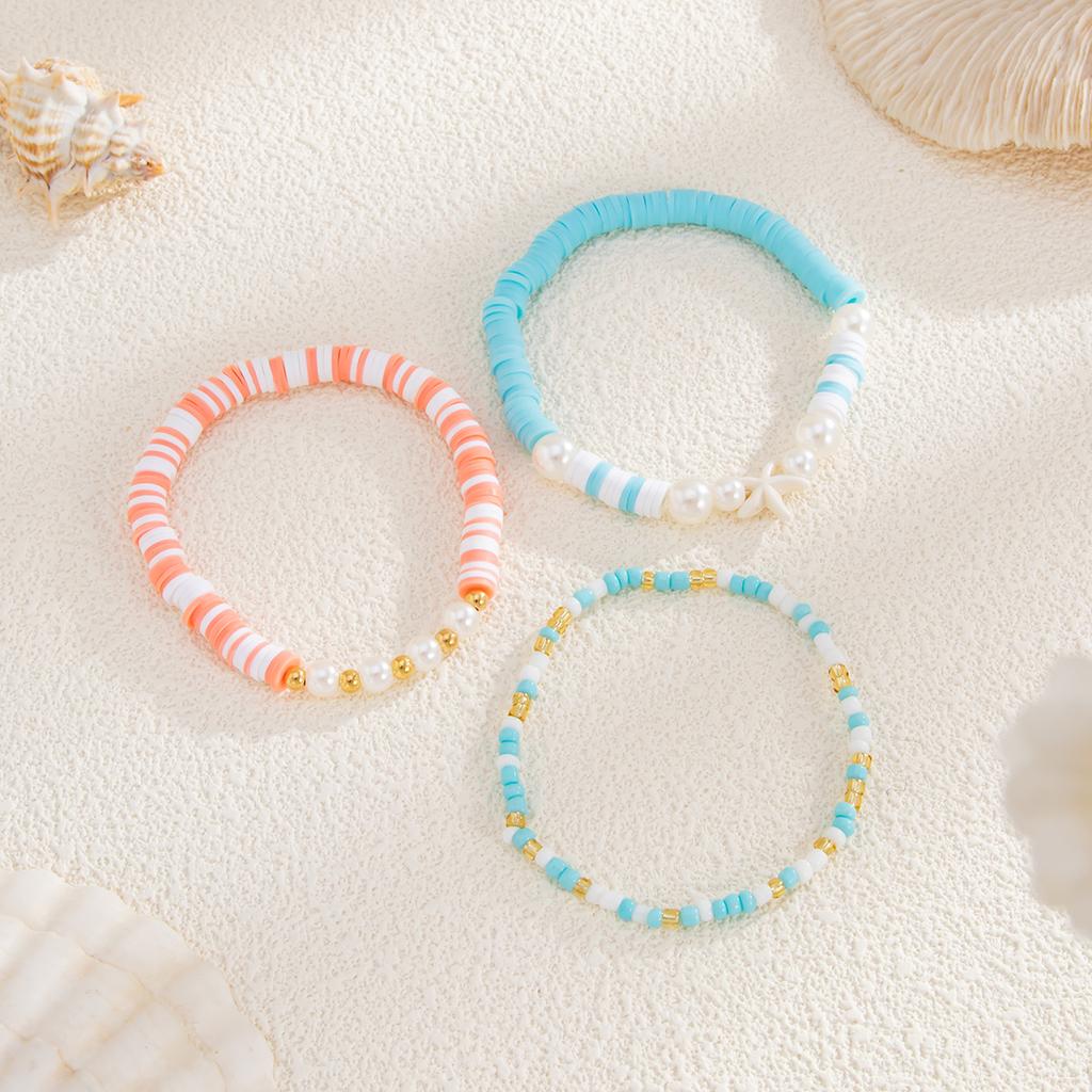 Ocean Wind Starfish Imitation Pearl Bracelet Set, Dopamine Color Rice Bead Beaded Elastic Jewelry