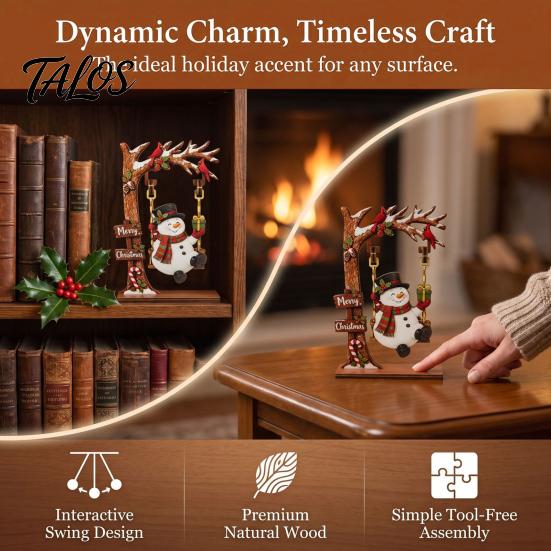 Xmas Gift for Family Christmas Wooden Ornaments, Santa Snowman Figurine with Moving Festive Fireplace Ornaments Swing, Rustic Holiday Tabletop