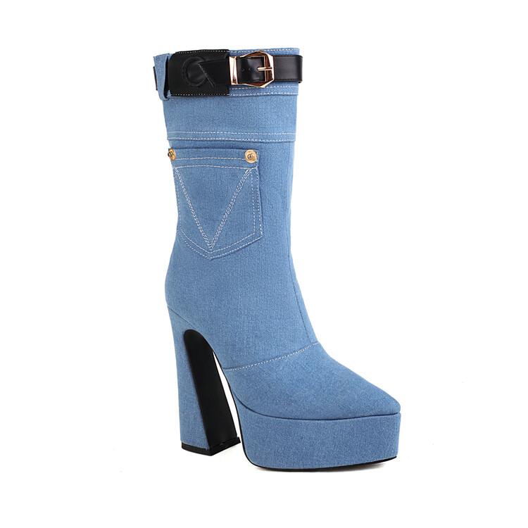 Denim Cowboy Boots Women with Pocket 2024 Fashion Winter High Heels Shoes Bright Line Pointd Toe Ankle Booties Plus Size 45