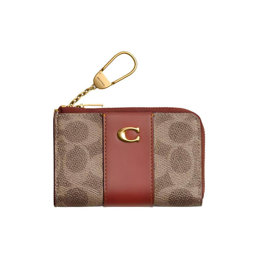 Coach Essential 11 Metal Logo Zipper Key Pouch Coated Canvas And Calfskin Unisex Accessories Brass Brown CR517-B4NQ4