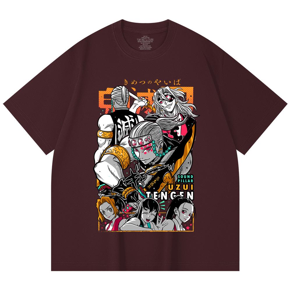 

230 Gsm 100% Cotton Demon Slayer V65 Uzui Print Unisex Heavy Cotton T Shirt 2XL вина червоного кольору