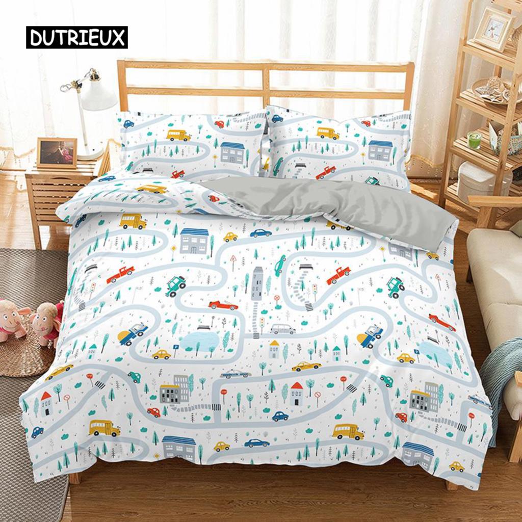 Travel Guide Duvet Cover Set Cartoon Route Car House Building Pattern Bedding Set Microfiber Travel Theme King Size Quilt Cover