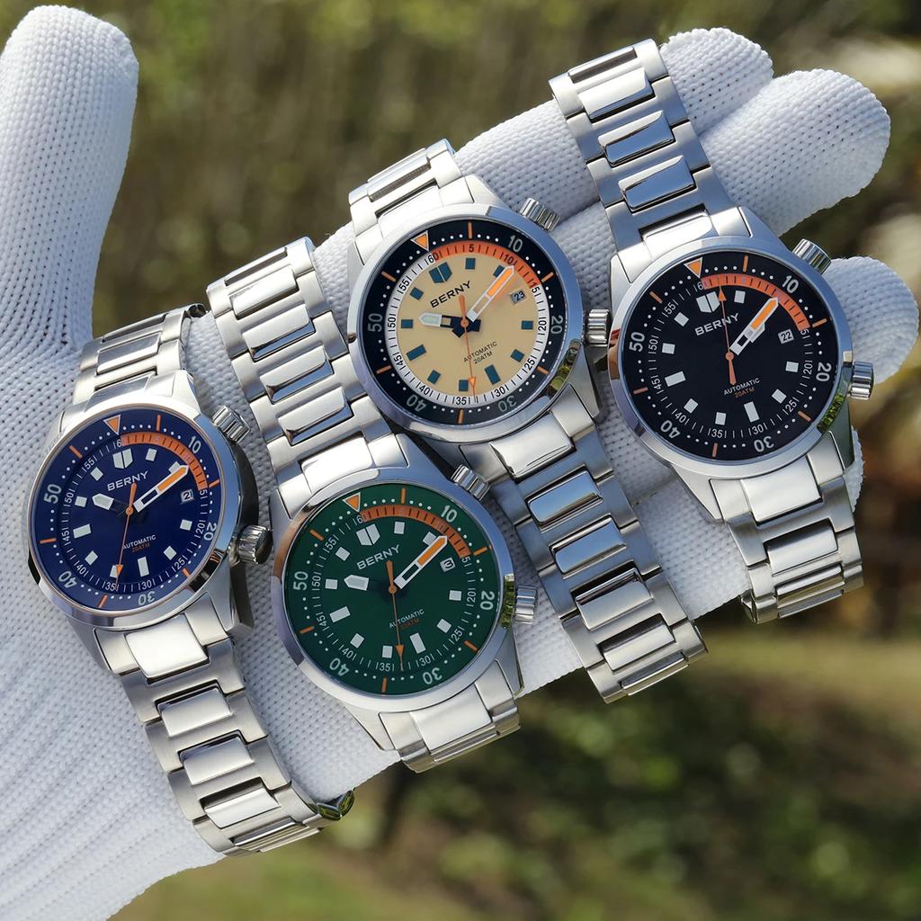 BERNY Automatic Diving Watches for Men 20ATM Super Luminous Mechanical Men's Diver Watch Sapphire Full Stainless Steel Dive