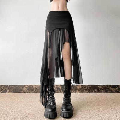 Faldas largas con dobladillo irregular Y2K de estilo gótico oscuro y cibernético, estilo Harajuku, moda urbana, de malla con retazos, para discotecas, estilo punk alternativo