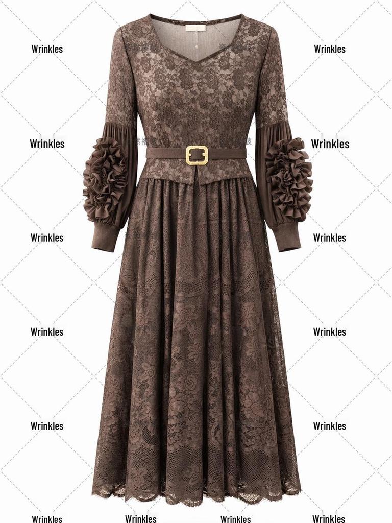 Elegant European & American Lace Hollow Long Party Dress with Wide Hem & Belt (2026)