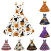 Women's Halloween Printed Off Shoulder Dress Vintage Punk Style Flared Midi Dress Spaghetti Strap Casual Party Dress