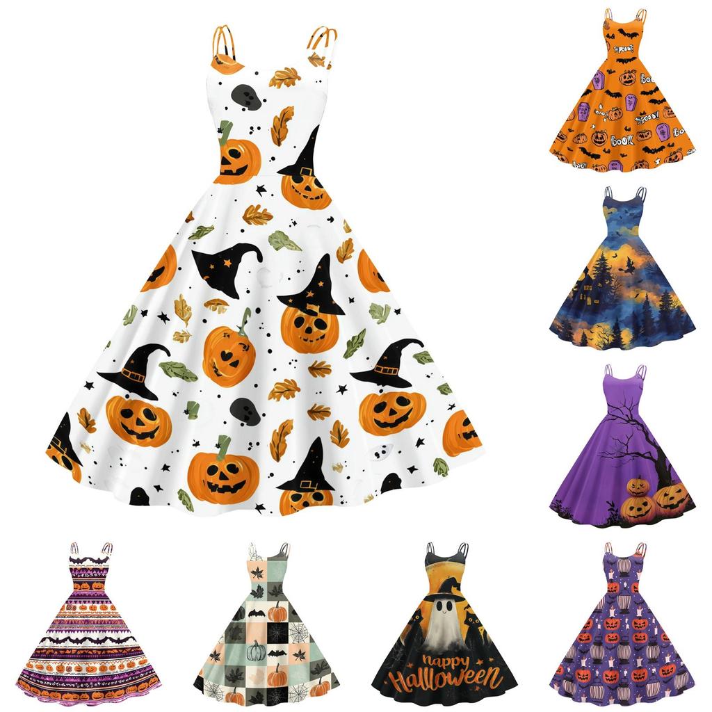 Women's Halloween Printed Off Shoulder Dress Vintage Punk Style Flared Midi Dress Spaghetti Strap Casual Party Dress