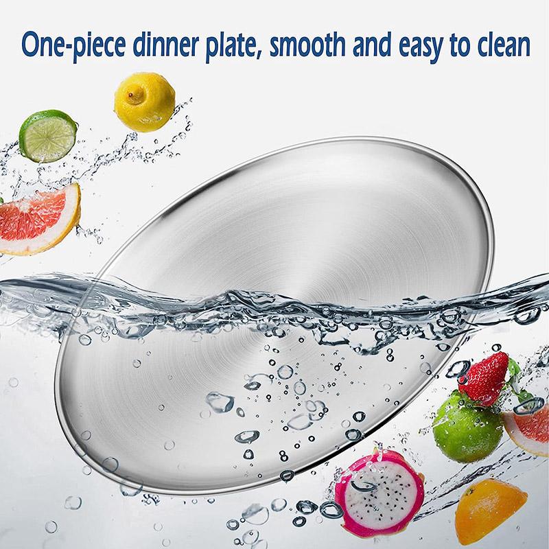 Reusable 304 Stainless Steel Dinner Plates, Heavy-Duty Metal Round Dishes Flat Feeding Serving Plate - Tableware