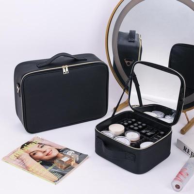 Black Heightened Cosmetic Bag with Mirror - Large Capacity Portable Handheld Storage Box