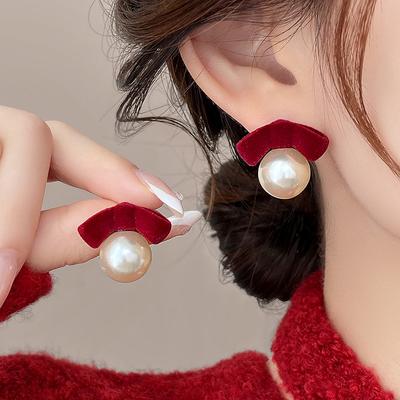 Silver Needle Autumn and Winter Korean Temperament Flocking Bow Pearl Earrings Stud Earrings Exquisite Earrings