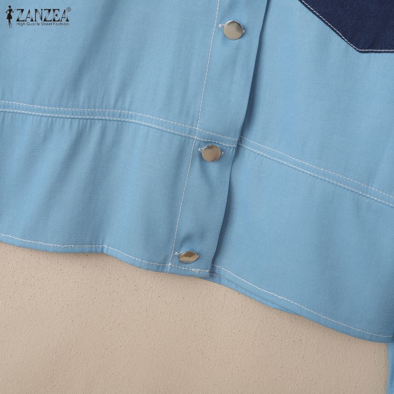 ZANZEA Damska bluzka casualowa z długim rękawem, patchworkowa, z kołnierzykiem