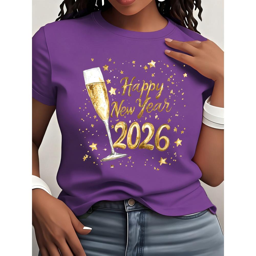 [Damen Frohes Neues Jahr T-Shirt] Damen wunderschönes goldenes 2026 Frohes Neues Jahr und Champagner Grafikdruck T-shirtlässiges T-Shirt