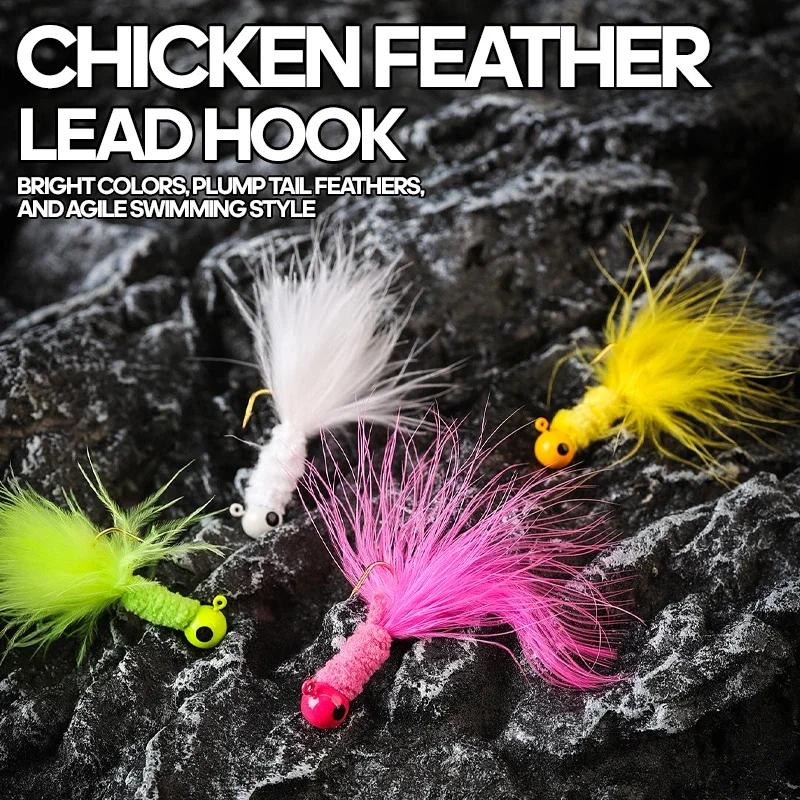 5Pcs Fishing Lure Feather Metal Jig Head Hook Fishing Crappie Marabou Lure for Walleye Pan Fish Sunfish Bluegill Perch Swim Bait