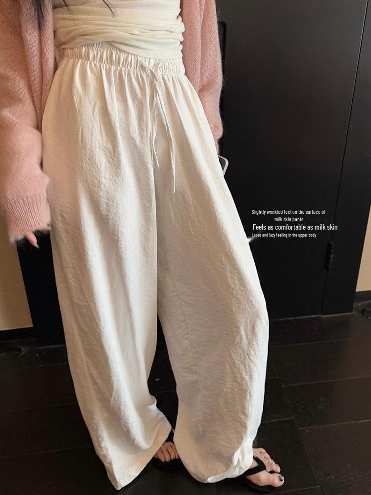 Superniniyy Wrinkled Texture Drawstring Wide-Leg Casual Pants for Women