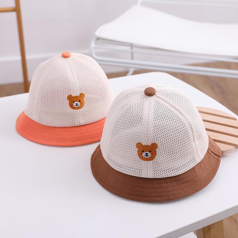 Cute Bear Sunscreen Basin Cap For Kids Summer Breathable Mesh Fisherman Hat 5-24M Boy Girl Large Brim Visors Cartoon Baby Bucket Hats