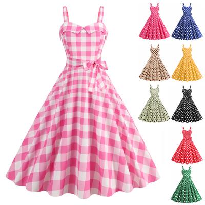 Women Vintage Dress 50s Retro A-line Big Swing Sleeveless Dot Print Contrast Color Elastic Bust High Tight Waist Backless Knee Length Evening