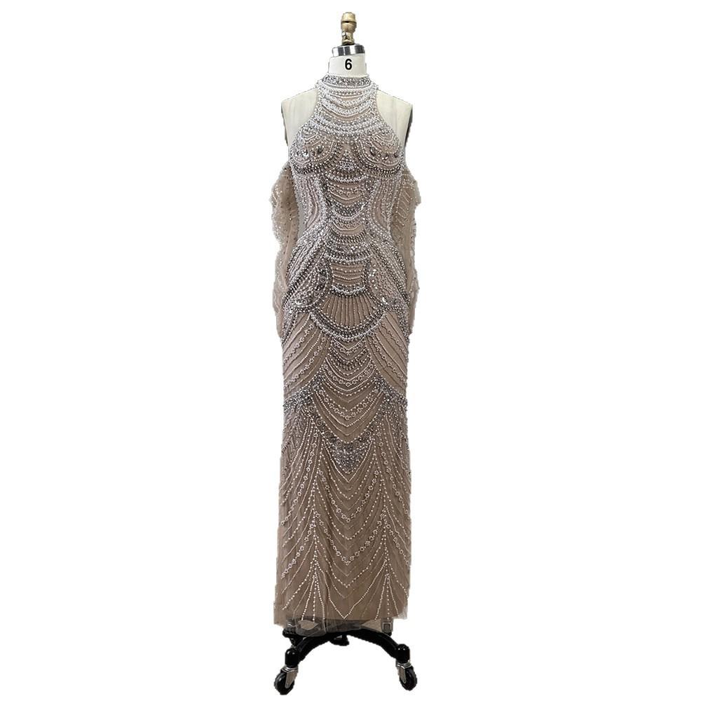 Nude sexy neck fishtail heavy industry beads pearl celebrity art test solo dress dress LA11091A