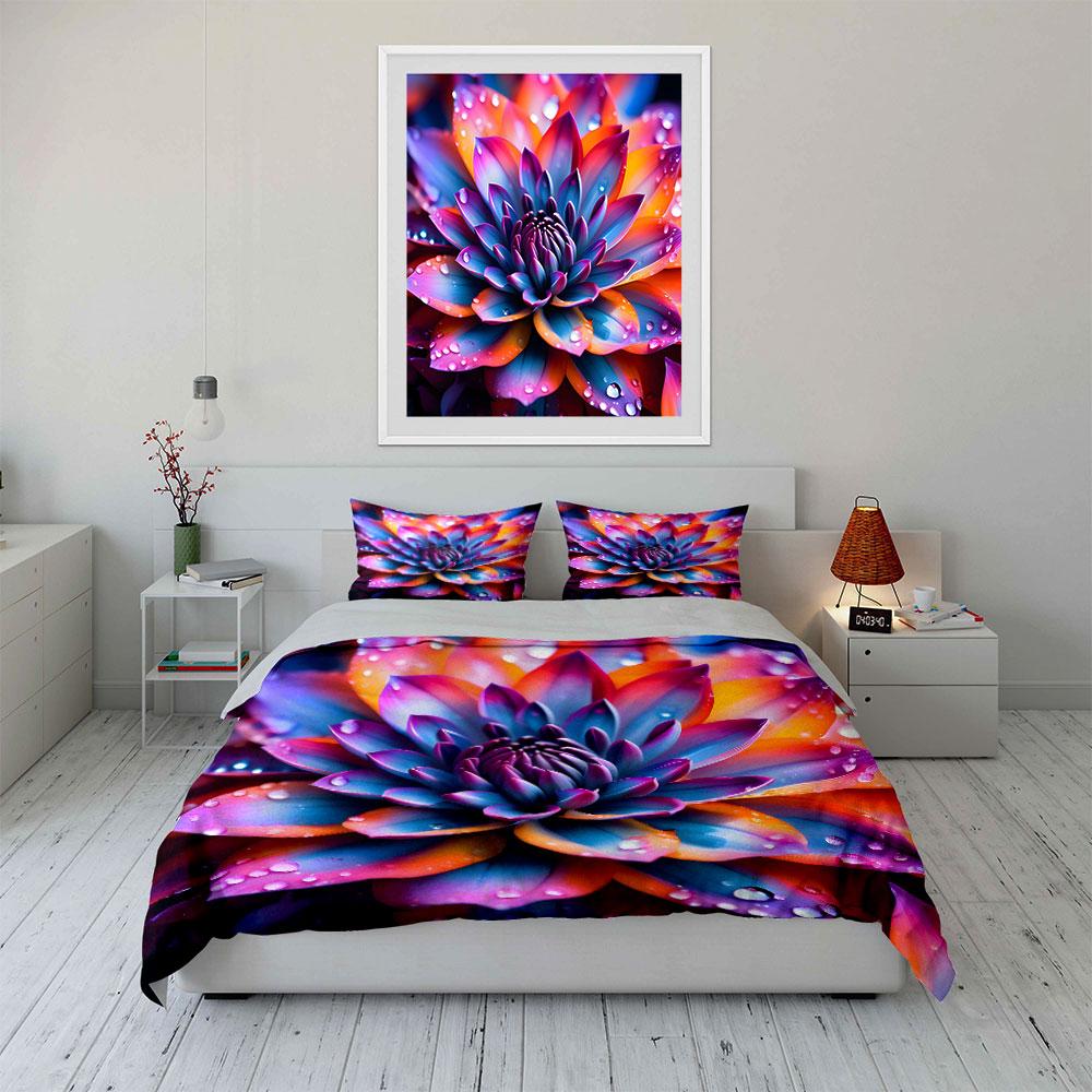 3Pcs Colorful Lotus Bedding Set Vibrant Rainbow Flower with Water Drops Print Duvet Cover + 2 Pillowcases for Bedroom Decor
