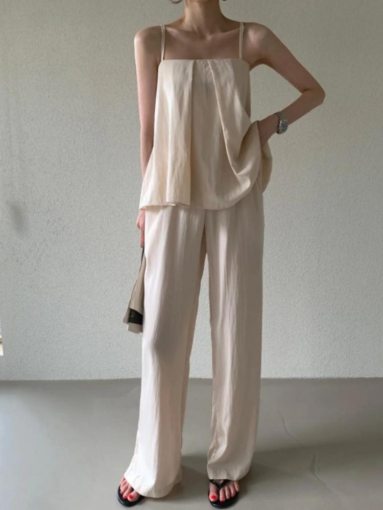 

Летние элегантные однотонные сексуальные плиссированные комплекты из двух предметов, женские топы без рукавов с рюшами + широкие брюки, женские лоскутные ретро повседневные пляжные костюмы для вечеринок One Size абрикосовый