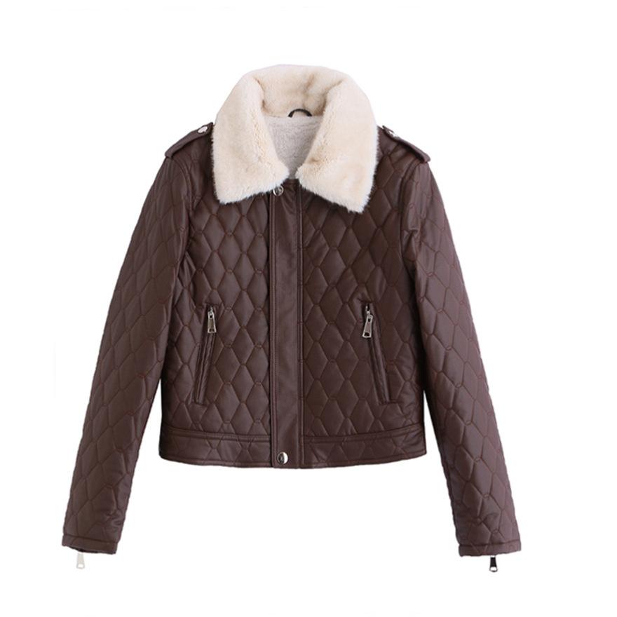 Popular fur collar fleece leather jacket women's short winter new small motorcycle jacket cotton coat