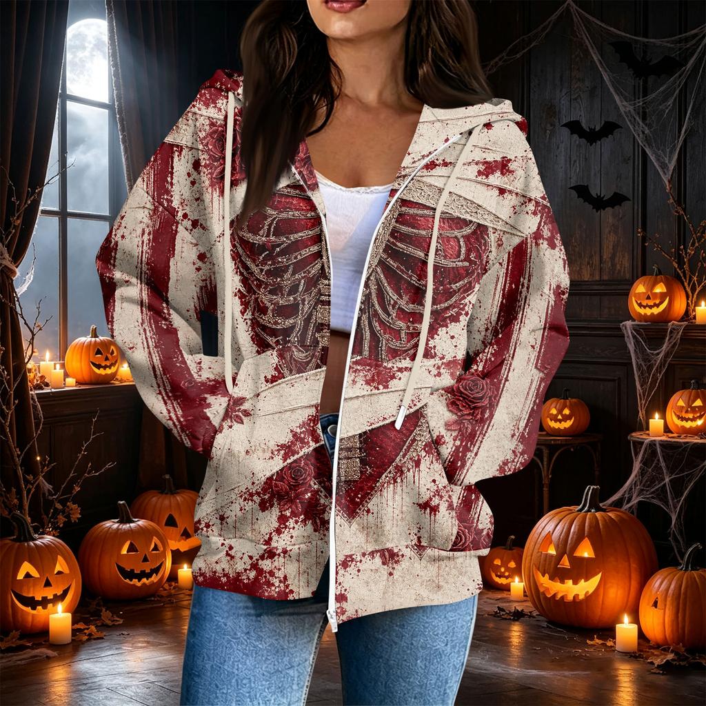 Women's Casual Long Sleeve Zip-Up Hoodie Sweatshirt with Halloween Print