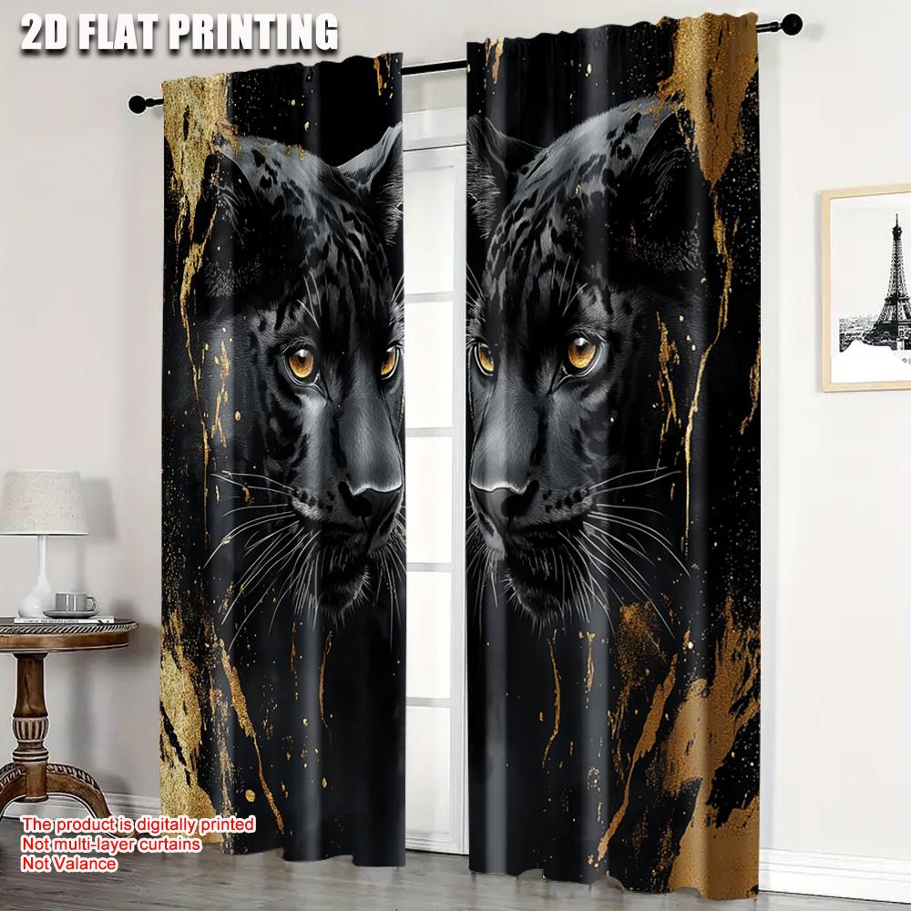 2pcs   plane printing Curtains&Window Treatment Golden Leopard Durable 100% Polyester Fabric (without rod) Festive Perfect for