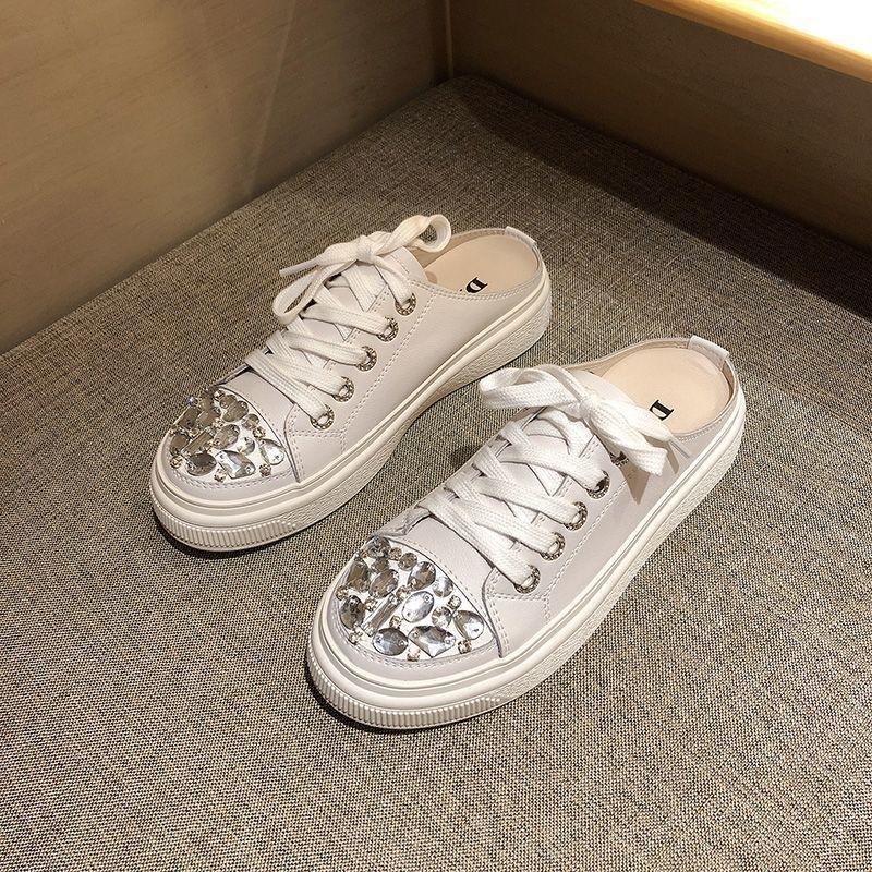 

Baotou Half-slipper Women s Fashionable Outerwear 2025 New Summer and Autumn Water Diamond Breathable Thick-soled Slipper Women 35 белый