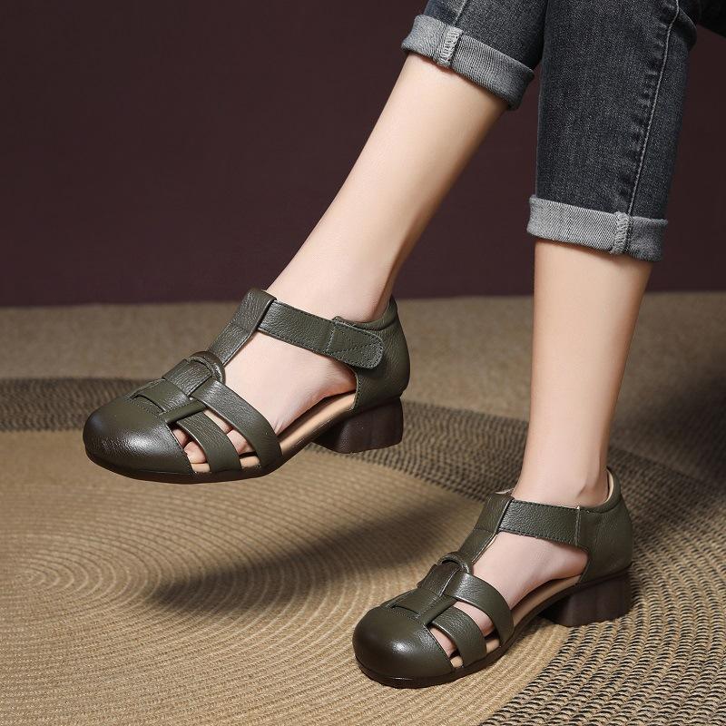 Summer new retro woven sandals first layer cowhide soft leather sandals soft sole bag head thick heel women's shoes