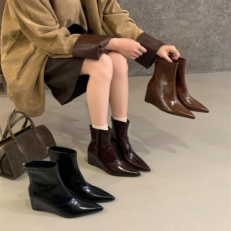 Premium Maillard Brown Pointed Wedge Heel Short Boots Women's High Heel Back Zipper Skinny Boots Autumn and Winter Short Boots