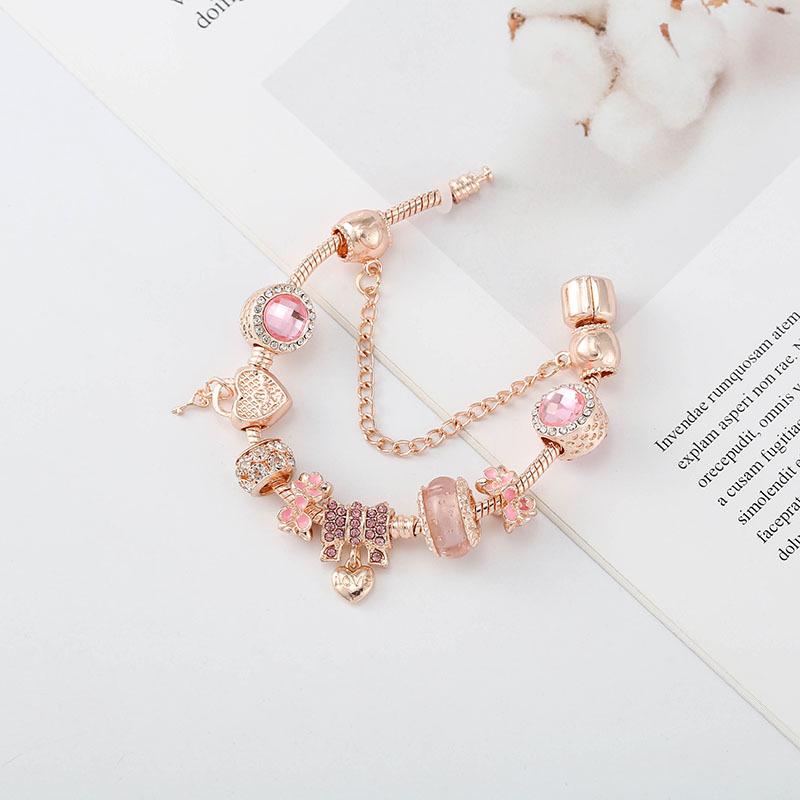 Pan's Rose Gold European Style Princess Crown Heart Pendant Bracelet for Women - DIY Customizable Series.