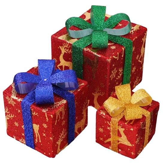 3 Pcs/Set Christmas Lighted Gift Boxes LED Light Up Stackable Nesting Box with Bow for Christmas Indoor Outdoor Home Yard Lawn Decor