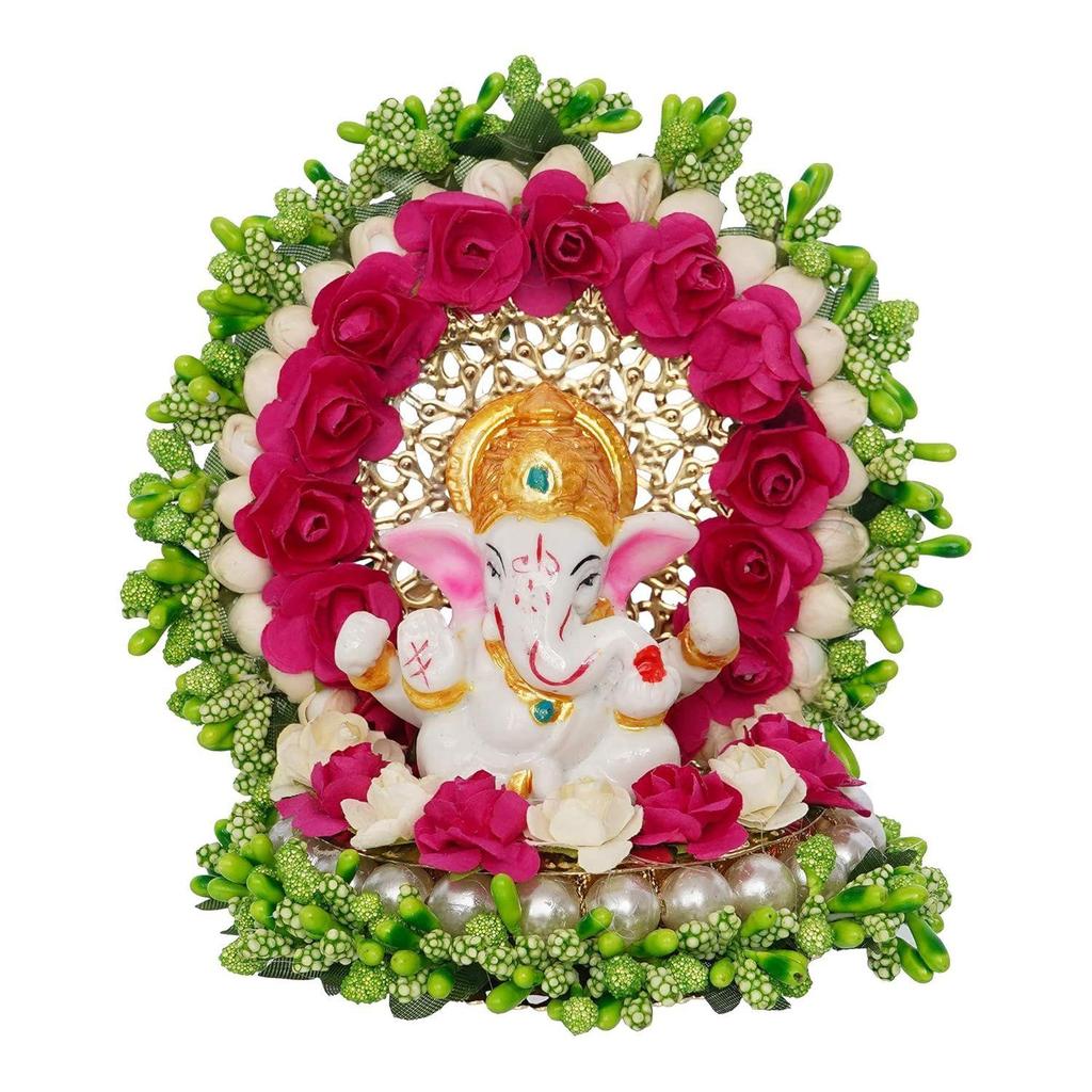 Resin Lord Ganesha Idol On Decorative Green Pink Floral Plate| Ganesha Idol for Home Decor Car Dashboard| Ganesha Statue