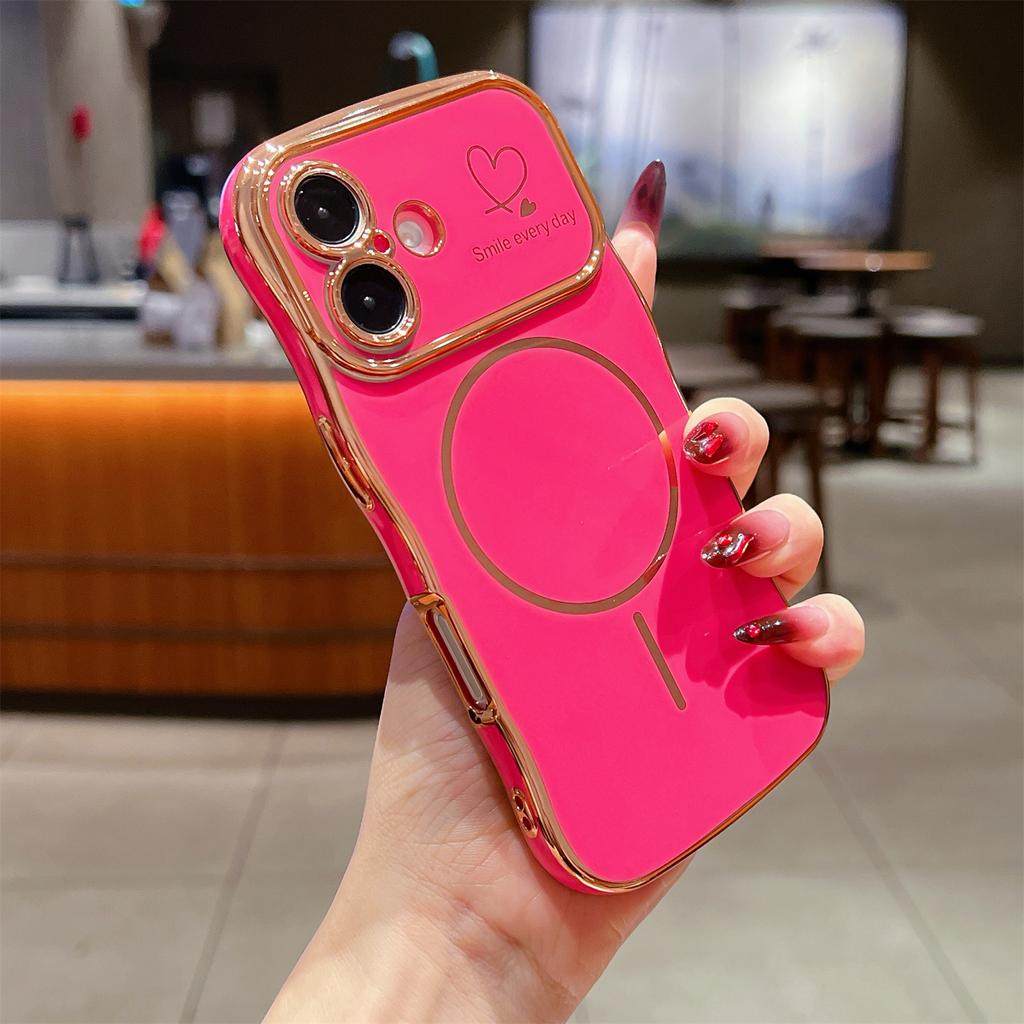 For iPhone 16 Magnetic Case Electroplating Wave Edge TPU Phone Cover Heart Pattern