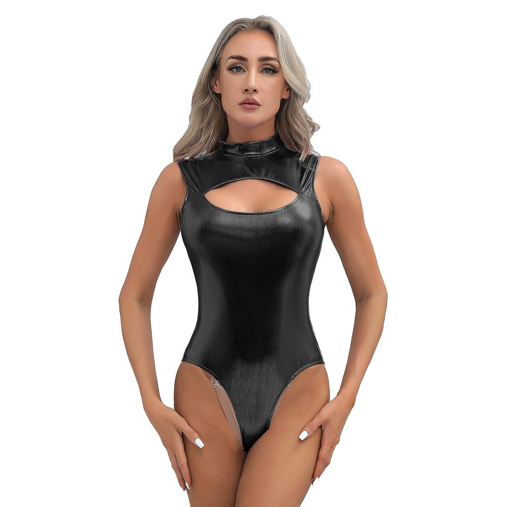 Women One Piece Swimsuits Sleeveless Glossy Swimwear Jumpsuit Leotard Nightclub Performance Costume