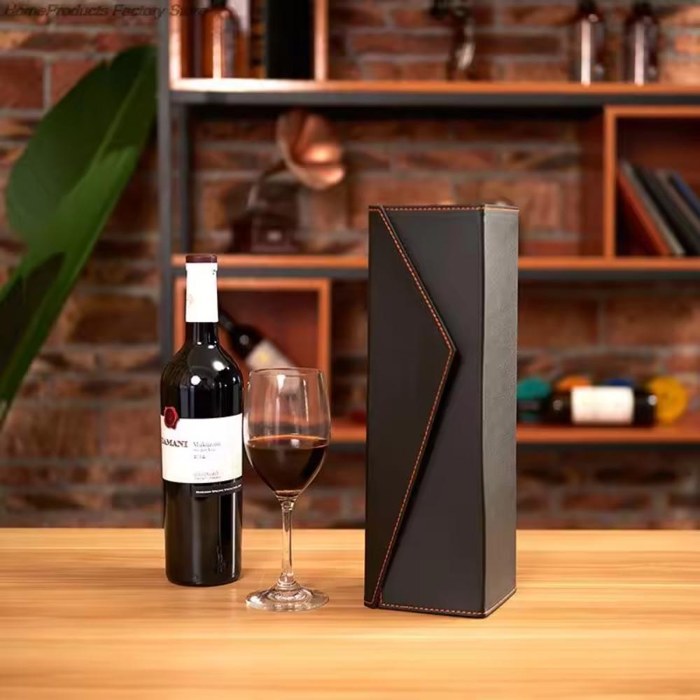 PU Leather Foldable Red Wine Gift Box Built-in Straps Wine Bottle Carrying Holder Friend Gift