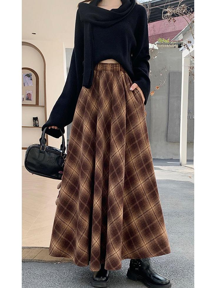 Thickened Warm Wool Retro Plaid Umbrella Skirt - 2025 Autumn/Winter Collection