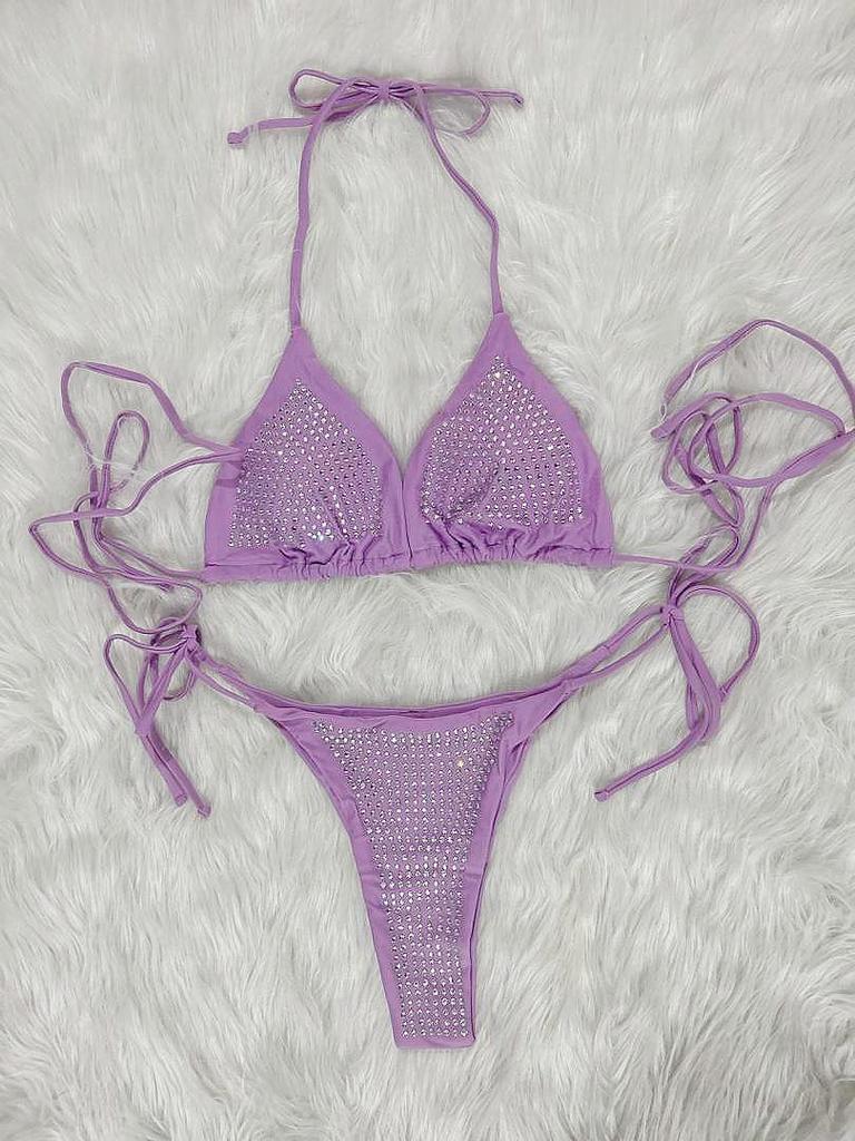 2023 European & American Sexy Rhinestone Strappy Bikini Set - Solid Color Beach Vacation Women's Swimwear