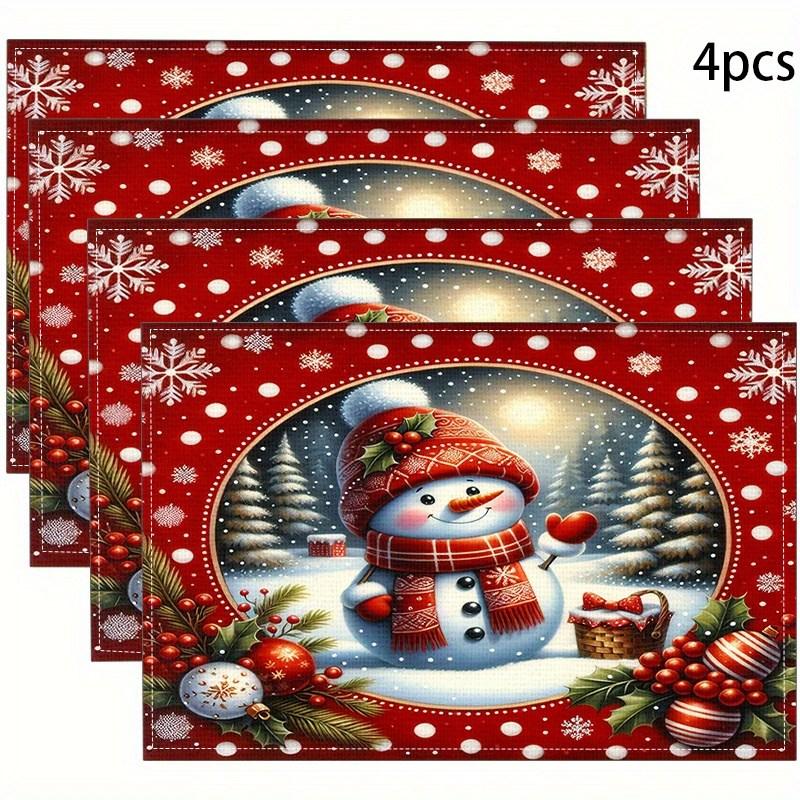 Christmas Linen Placemats, Red Snowman Holly Berry Ornament, Washable Heat Resistant, Festive Dinner