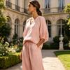 Yousheng Women's Casual 2 Piece Lounge Sets Puff Half Sleeve V Neck Top And Wide Leg Pants Travel Vacation Outfits with