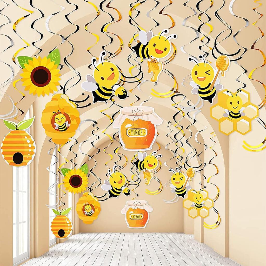Honey Bumble Bee Hanging Swirl Decorations, 32PCS Bee Party Decorations Foil Ceiling Streamers Honey Bee Themed Birthday Party Baby Shower Gender