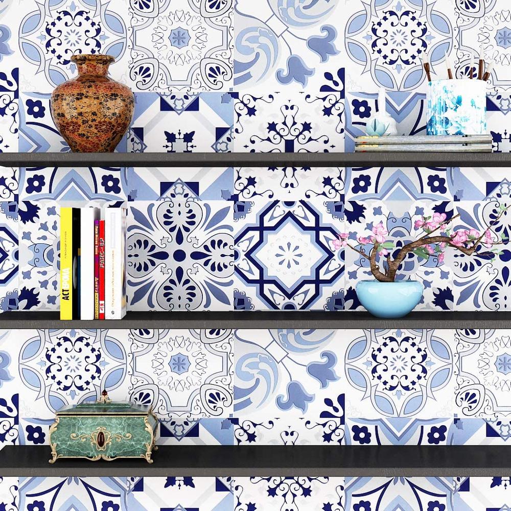 HaoHome Self Adhesive Contact Paper Backsplash Peel and Stick Wallpaper Moroccan Tile Waterproof Removable Blue Tile Wallpaper