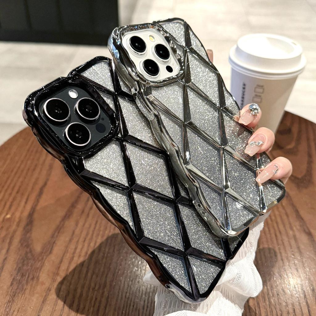 Luxury 3D Plating Diamond Grid Pattern Glitter Powder Phone Case for iPhone 11 12 13 14 15 Pro Max 12 Pro 13 Pro 14 Pro Max Anti-drop Soft TPU Cover