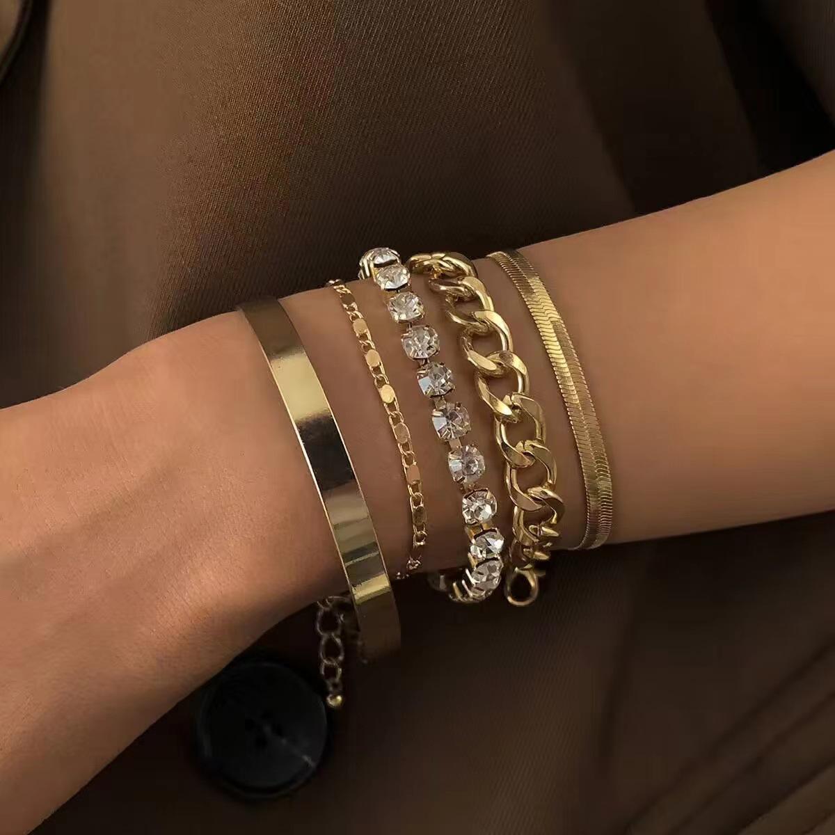 Punk Style Geometric Rhinestone Multi-layer Bracelet Set