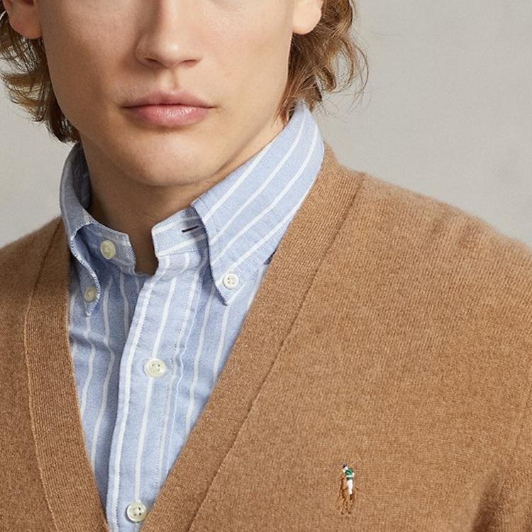 Polo Ralph Lauren FW23 Solid Logo Embroidered V-Neck Fitted Long Sleeve Knit Sweater Men sweater Brown MNPOSWE16821642-200