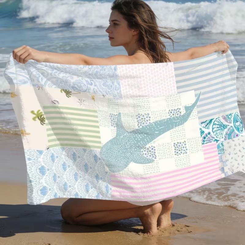 Retro Striped Fish Print Beach Towel Cute Ocean Animal Quick Dry Soft Lightweight Towel for Beach Pool Summer