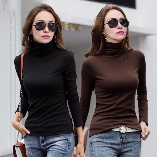 Women Bottom Tops Half-High Collar Long Sleeve Slim Fit Pullover Tops Solid Color Thickened Warm Autumn Winter Base Layer Tops