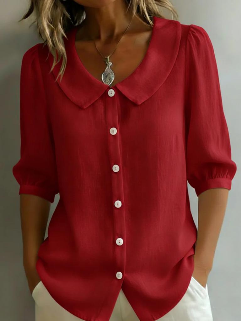 European and American design sense niche commuter linen new spinning shirt short sleeve loose v-neck women's summer