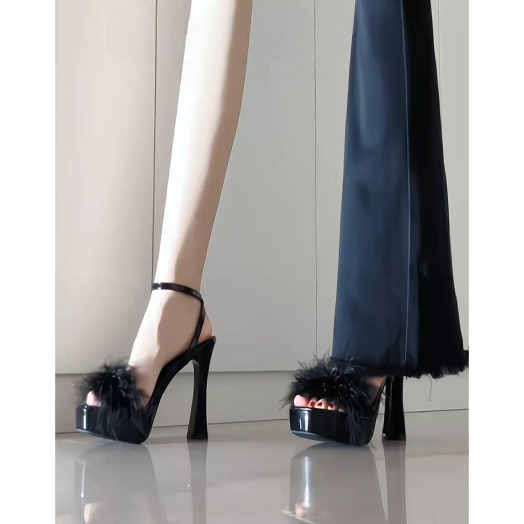 2025 new hate day high hair thick heel sandals Internet celebrity night with skirt square head waterproof table super high heels women