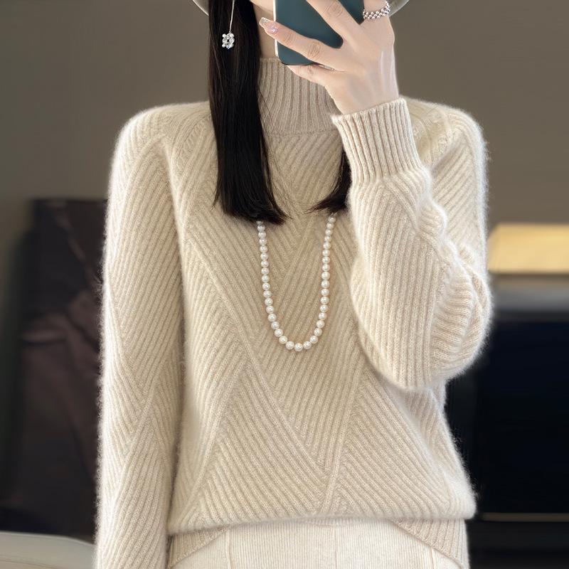 Women's Autumn & Winter Thick Cashmere Wool Sweater - Half-High Collar, Diamond Jacquard, Long Sleeve, Loose Fit