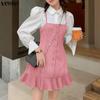 VONDA Womens Fake Two Piece Patchwork Long Sleeve Striped Casual Dress